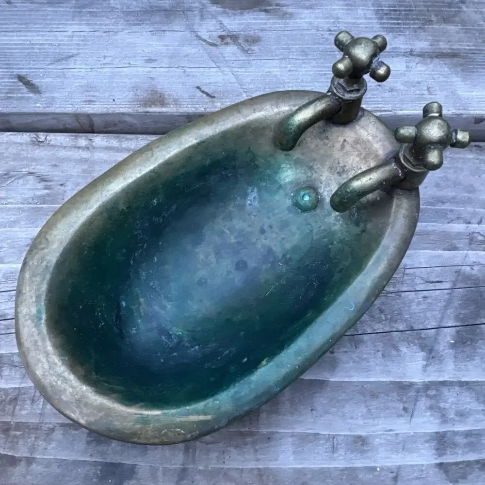 Vintage Brass Metal Footed Bathtub Soap Dish with Spigots Patina
